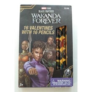 Valentines Day Cards Box of 16 Black Panther Wakanda Forever W/ Pencils RARE HTF